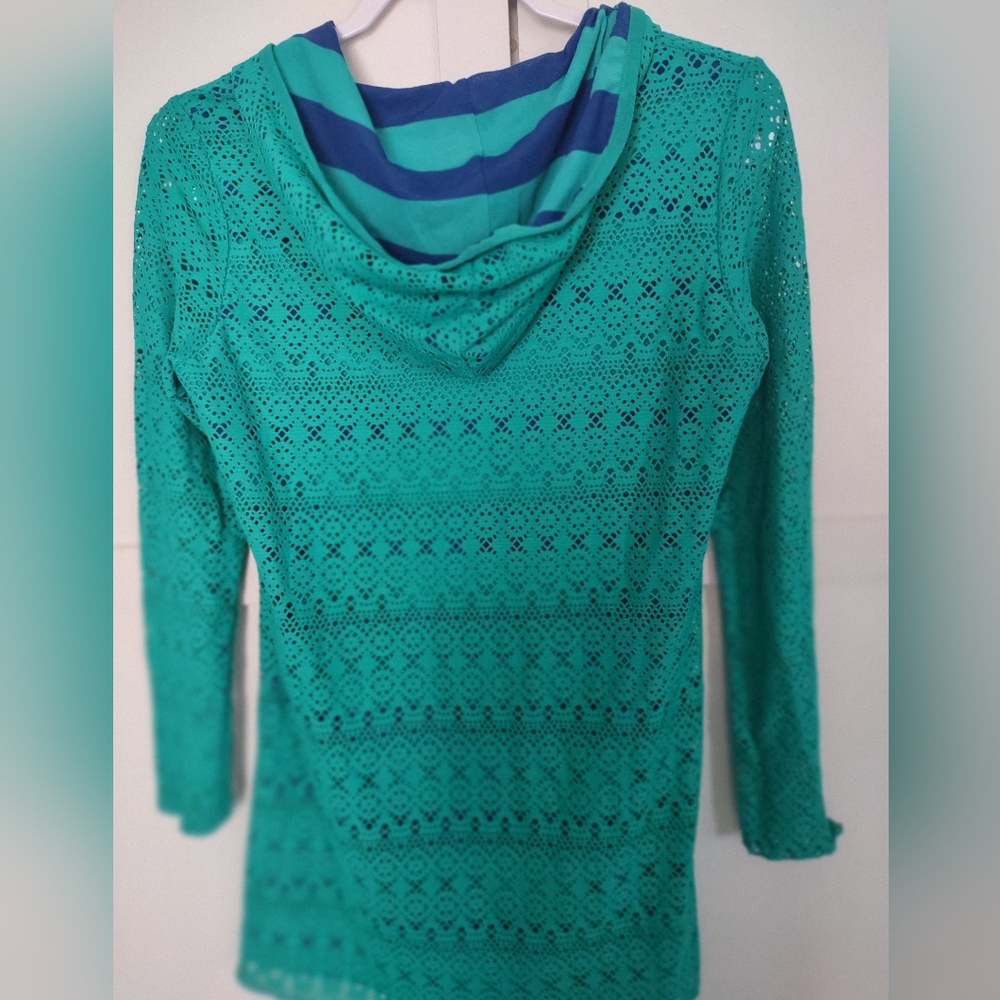 Title Nine Swimsuit Cover Up Size Small Beach Hooded Dress Turquoise/Blue Stripe - Picture 2 of 11